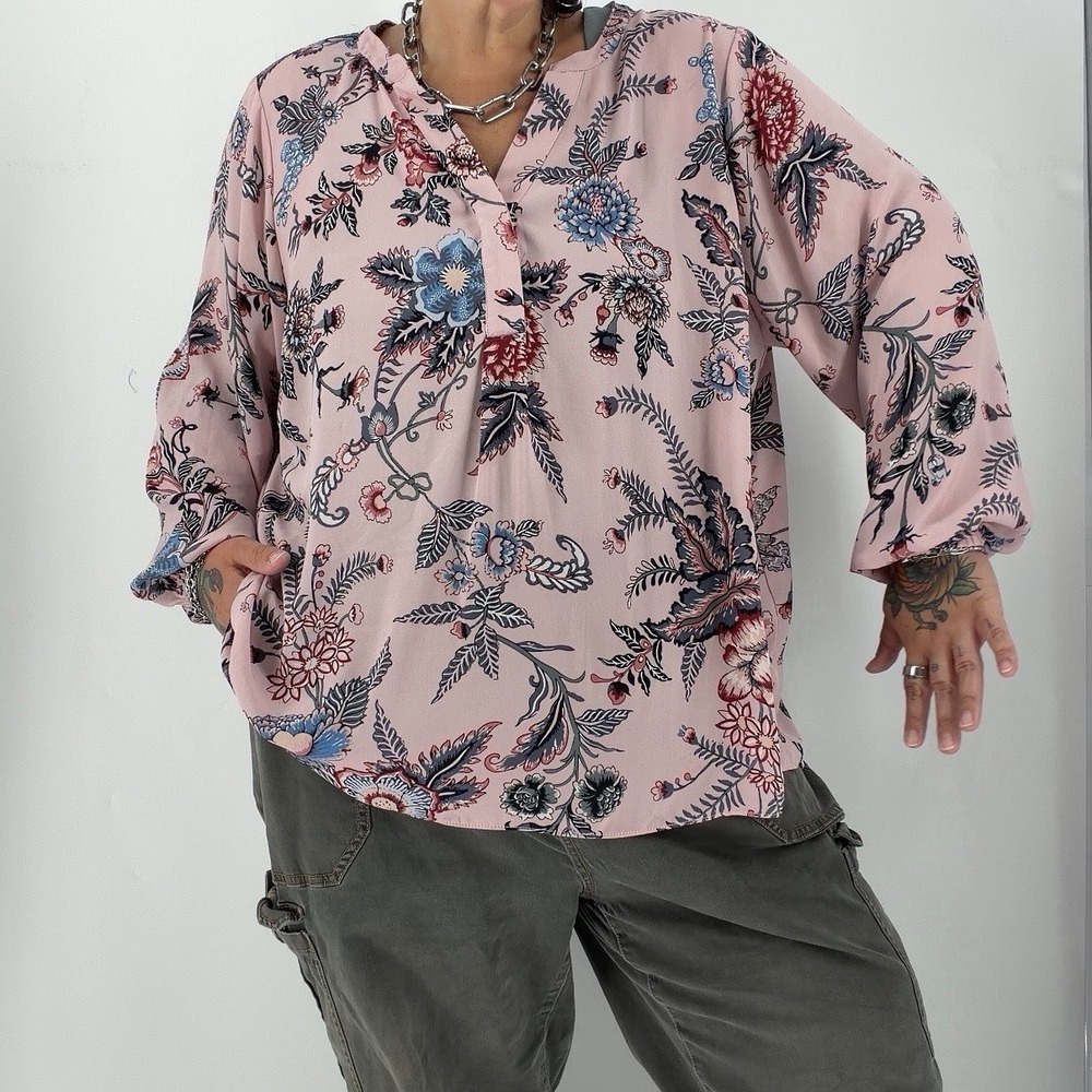 Tahari peasant blouse long balloon sleeve plus size 3X pink botanical whimsy